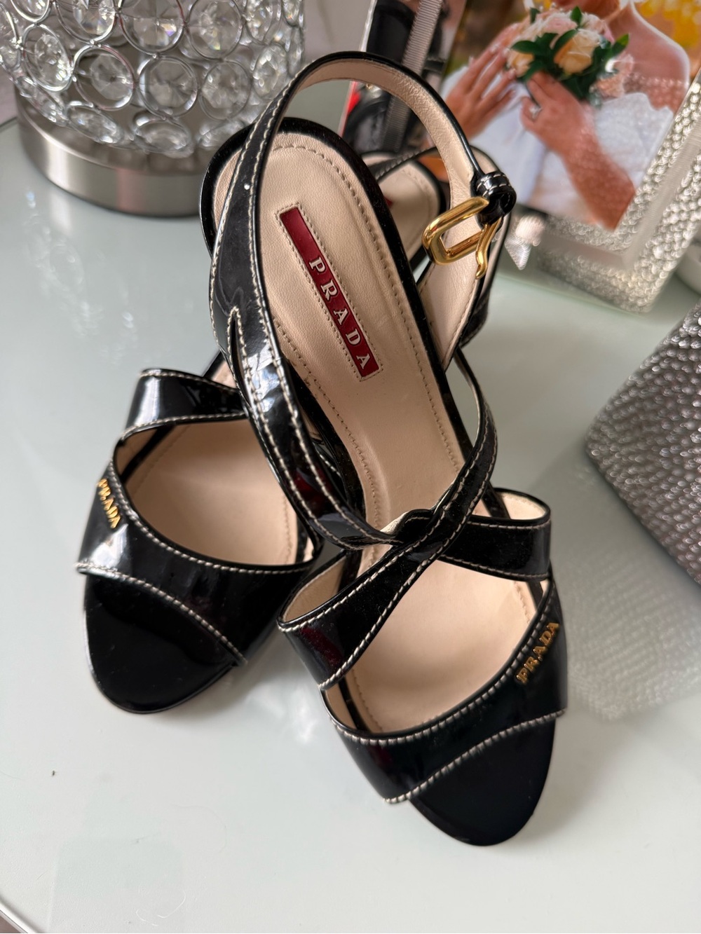 Prada Black Patent Leather Crisscross Heeled Sandals